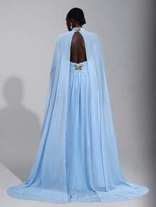 Elitara 优雅奢华深咖啡色雪纺手工金属蝴蝶装饰立领喇叭袖性感露背女式正式晚礼服 - 淺藍色 - 查看 1