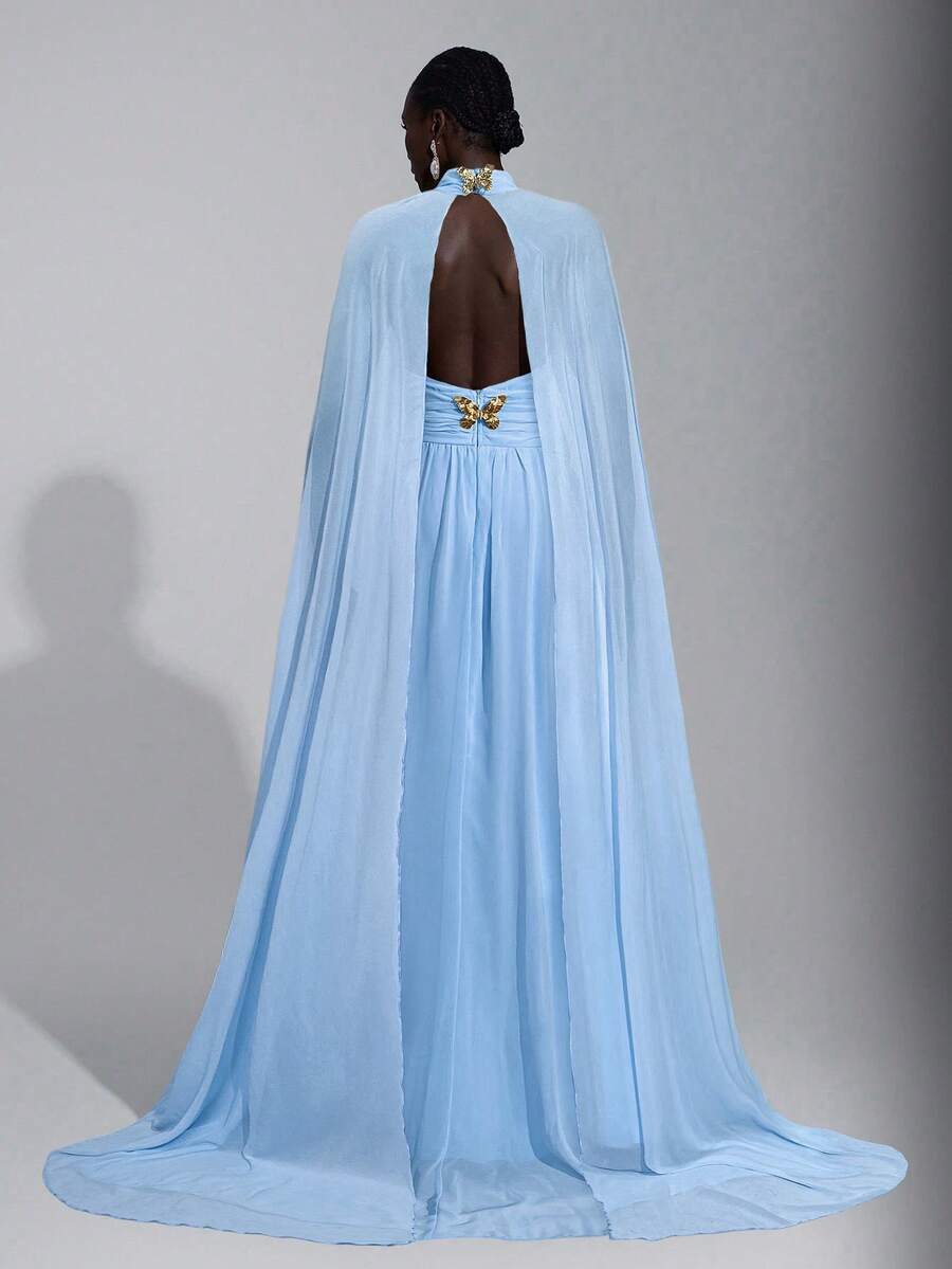 Elitara 优雅奢华深咖啡色雪纺手工金属蝴蝶装饰立领喇叭袖性感露背女式正式晚礼服 - 淺藍色 - 查看 1