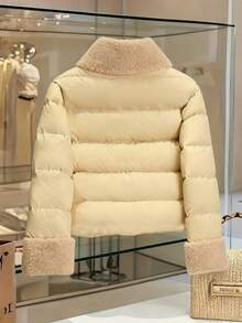 SHEIN LUNE Women's Autumn/Winter Lapel Patchwork Faux Shearling Warm Fitted Short Puffer Jacket - Apricot - View 2