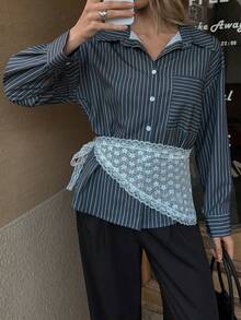 Elyressa Neues elegantes Urban Lace Akzent gestreiftes Hemd