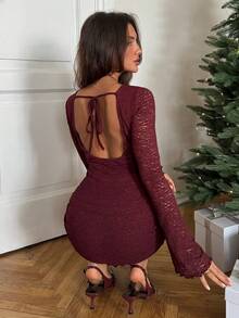 Aloruh Women's Solid Color Apricot Multi-Layer Ruffle Backless Tie Flare Sleeve Mini Bodycon Dress, Autumn/Winter - Apricot - View 3