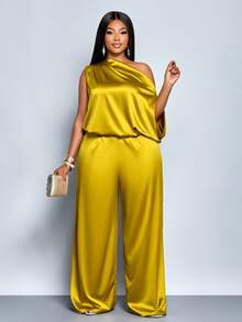 SOLERSUN Plus Size Women's Elegant Solid Color Asymmetric Neck Satin Jumpsuits,Suitable For Christmas Party Vacation & Dating,Fall And Winter,Sleeveless Asymmetrical Shoulder Loose Wide Leg Waist Cinched Long Jumpsuit With Ginger Colored Polyester Fabric, Shoulder Pleats Asymmetrical Cuffs, Lazy And Fashionable Party Clothing,Wedding Guest Jumpsuit,Halloween,