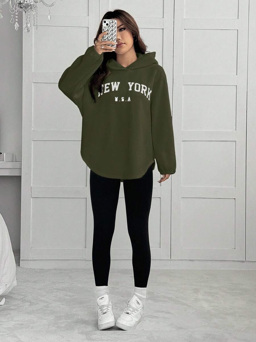 SHEIN EZwear 2pcs Women Letter Embroidery Hoodie And Leggings Set, Autumn/Winter - Army Green - View 1