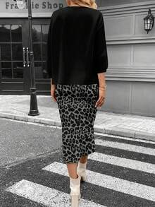 SHEIN LUNE Damski, modny, swobodny top i spódnica w panterkę, 2-częściowy komplet, odpowiedni na jesień/zimę