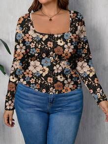 EMERY ROSE Vintage Floral Print Casual Minimalist Plus Size Square Neck T-Shirt, Suitable For ,Flower/Spring/Summer/Vacation Fall - Multicolor - View 3