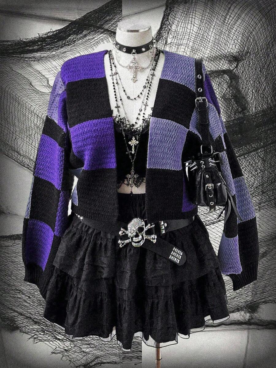 Sunspun Plus Size Women Halloween Plaid Open Front Long Sleeve Cardigan Sweater, Autumn/Winter - Multicolor - View 1