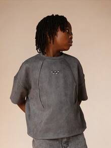 SUMWON Boys Crew Neck Long Sleeve Top With Contrast Seam Detailing And Small Logo For Casual And Vacation - Grey - View 2