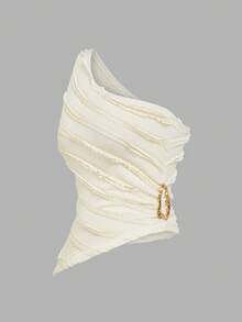 Sweetra 1 套白色无袖短款上衣，腰部带扣装饰和白色短款百褶裙，极简风格 - 杏色 - 查看 11