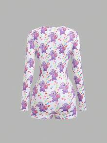 SHEIN Unity 1 bộ đồ liền thân in họa tiết cổ chữ V cài nút tay dài cho nữ, quần yếm bó sát co giãn thoải mái, đa năng cho gia đình, hẹn hò, Giáng sinh, phong cách Y2K - Nhiều màu - Xem 2