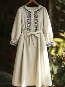 EMERY ROSE Plus-Size Women's Casual Vacation Autumn Dress - Apricot - View 1