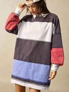 Bohemela Casual Knit Patchwork Round Neck Loose Fit Women Sweatshirt