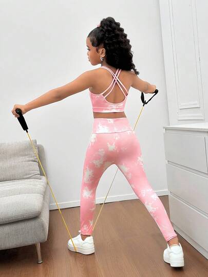 SHEIN Tween Girls Tie-Dye Knit Criss-Cross Back Crop Cami And High Waist Leggings Sports Set, Comfortable Stretchy Fabric Suitable For Yoga, Back To School