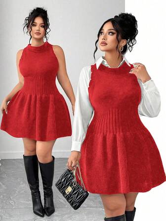 Elenzga Vestido de punto sin mangas con volantes en el bajo para mujer talla grande, vestido de suéter de unicolor para otoño/invierno