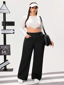 Flexra Celana Jeans Wanita Ukuran Plus Kasual Elastis Tinggi Model Lurus, Celana Hitam Pas Badan dengan Kontrol Perut untuk Musim Panas, Nyaman untuk Liburan Kasual, Formal, dan Klub. - Hitam - View 5