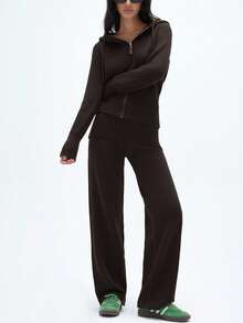 Aveloria Affinna Conjunto casual de 2 piezas de suéter con capucha con cremallera de manga larga de unicolor y pantalones de punto para mujer, otoño/invierno