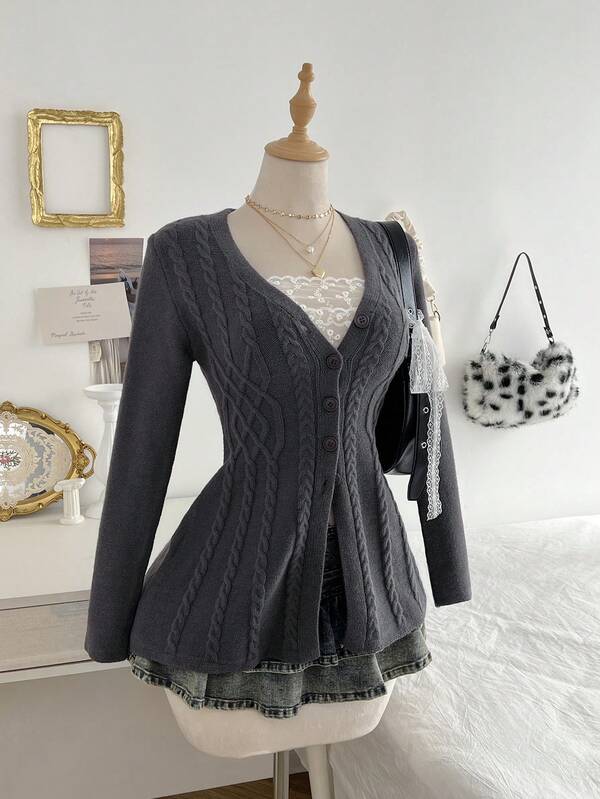 Elamini Cárdigan de punto informal y versátil de manga larga y abotonadura sencilla para mujer, otoño/invierno