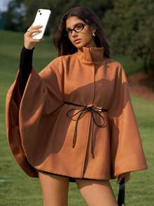 Chiquease 女士秋冬宽松蝙蝠袖棕色纯色腰带装饰收腰大衣上衣，宽松长袖时尚简约女式外套，适合日常穿着、上学、毕业典礼、复古街头风、通勤、休闲、运动、居家等场合。 - 棕色 - 查看 5