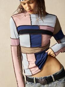 Bohemela 休闲针织拼布设计长袖修身女式T恤 - 彩色 - 查看 3