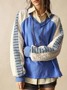 Bohemela Casual Patchwork V-Neck Long Sleeve Loose Washed Women Sweatshirt Blue - Blue - View 5