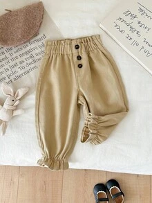 SHEIN LMoss Kids 女婴可爱卡其色牛仔荷叶边腰部宽松哈伦裤，适合秋季、冬季、休闲时尚度假穿着，2000年代风格，万圣节牛仔裤，圣诞节，卡其色修身裤 - 卡其色 - 查看 1