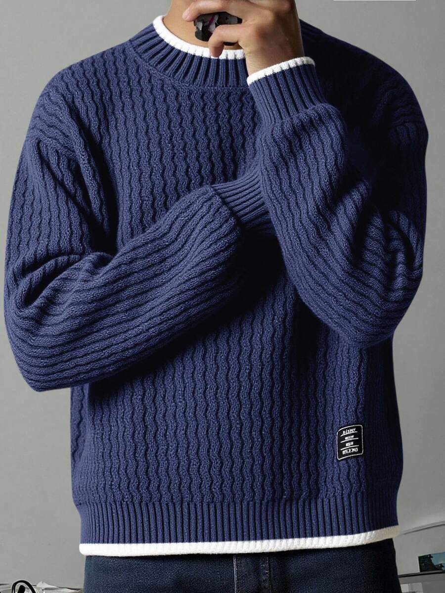 SHEIN Áo len dệt kim Jacquard họa tiết khối màu dành cho bé trai tuổi teen, thích hợp cho mùa đông, du lịch và đi học - Màu xanh hải quân - Xem 1