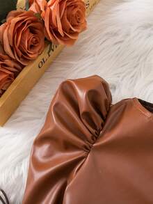 SHEIN Baby Girl Cute Brown Knitted Long Sleeve Dress & Jacket Set, Autumn/Winter - Multicolor - View 8