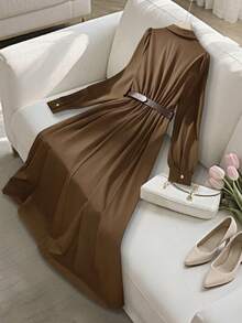 Franclia Loose Women's Long Dress With Button Waist Belt Decor - Brown - View 2