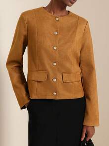 Lyxana Women's Minimalist Solid Color Single-Breasted Round Neck Long Sleeve Jacket, Suitable For Autumn/Winter - Brown - View 3