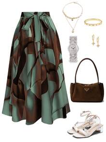 Franclia Falda con estampado todo sobre todo, con lazo delantero, para uso casual diario, talla grande