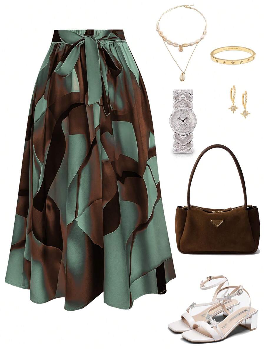 Franclia Falda con estampado todo sobre todo, con lazo delantero, para uso casual diario, talla grande