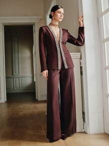 Anewsta 优雅女士套装，饰有水钻链条，长袖开襟西装外套搭配休闲飘逸西装裤，适合秋季、冬季、新年、正式场合，时尚别致。 - 棕色 - 查看 5