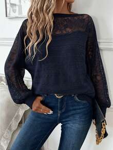 Reflora Women's Lace Trim Patchwork Pullover Sweater/Winter Fall - Navy Blue - View 6