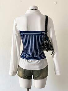Flirla Denim Effect Print Patchwork Sexy Shirt - Multicolor - View 2