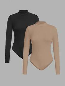 SHEIN EZwear 2件装纯色保暖连体衣，秋冬季高领长袖连体衣，长款上衣 - 卡其色 - 查看 8