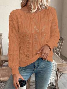 SHEIN LUNE Sweater Pullover Longgar Bermotif Bunga Berongga Kasual Gaya Liburan - Jeruk - View 4