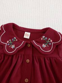 Cozy Pixies Baby Girl Floral Print Collared Long Sleeve Waist Cinched Dress - Red - View 4