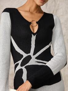 Modelyn Women's Autumn/Winter Contrast Color Ring Connected Long Sleeve Fitted Knit Dress - Black and White - View 6