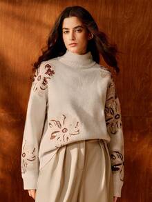Anewsta Elegant Floral Embellished Pullover Sweater, Romantic & Chic For Commuting - Apricot - View 6