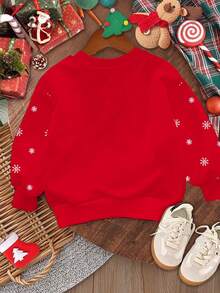 SHEIN Buon Natale, Maglioncino casual e minimalista da ragazza, con simpatico motivo natalizio di Rudolph la renna dal naso rosso e fiocchi di neve a pois, in rosso festivo, vestibilità morbida e comoda, collo a giro, manica lunga, adatto per l'autunno/inverno, Natale - Multicolore - Visualizzare 3
