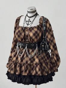 Plus Size Women Casual Retro Brown Plaid Shirt - Multicolor - View 3