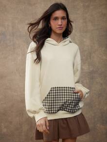 WESTFADE Cotton Blend Fleece & Embroidered Plaid Mixed Media Relaxed Fit Hoodie Cute Fall Knit Top, Autumn, Winter, Casual, Holiday, Thanksgiving, Christmas, Boho, Country Western - Multicolor - View 3