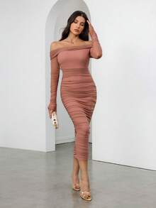 SHEIN Tall 秋冬露肩荷叶边网眼性感紧身约会黑袖长裙 - 藕粉色 - 查看 4