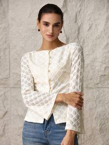 Modelyn 女士船领喇叭袖单排扣镂空优雅T恤 - 黑色 - 查看 6