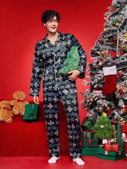 2pcs British Style Christmas Snowflake Satin Lapel Collar Top & Pants Men's Pajama Set, Winter Clothes