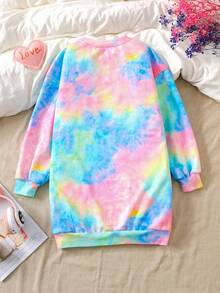 SHEIN X Care Bears 青少年女孩休闲针织扎染卡通熊印花圆领长袖运动衫连衣裙