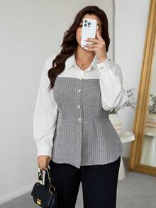 Firerie Plus Size Elegant Commuter Color Block Patchwork Shirt - Multicolor - View 4