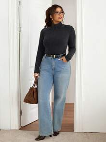 Lounesse Plus Size Women High Neck Casual Long Sleeve T-Shirt, Washed Plus Size Tee For Daily Wear And Commuting Office Work - Black - View 4