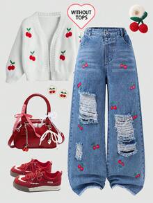 Tween 女童舒适甜美休闲度假学校风格深水洗蓝色牛仔布樱桃印花做旧宽松阔腿牛仔裤 - 中等水洗藍 - 查看 1