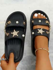 Sandalia de mujer EVA ligera punta abierta doble correa decorada moda veraniega playa casual sandalias - Negro - Ver 1