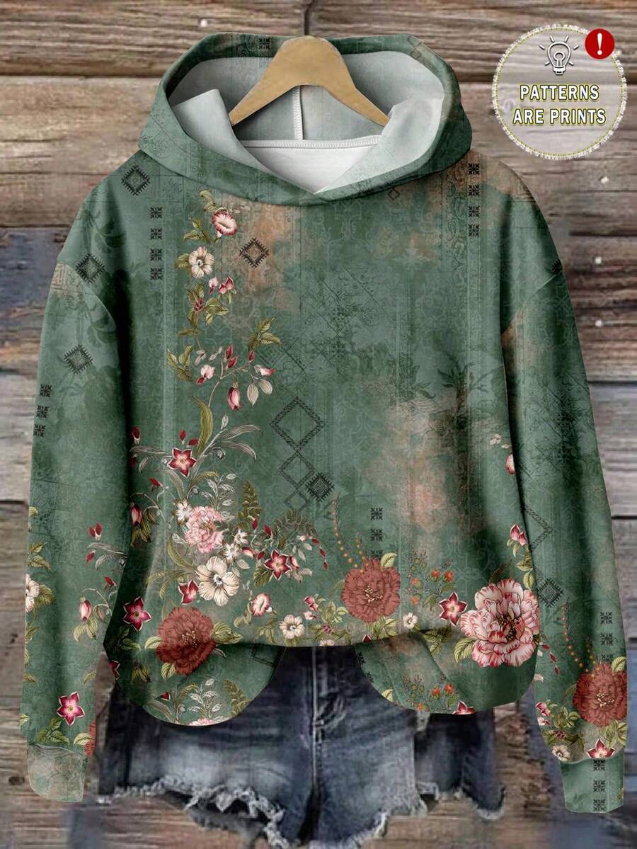 EMERY ROSE Plus Size Women Casual Floral Print Sweatshirt, Vintage Style, Suitable For  Women Sweatshirts Green Floral Sweatshirt With Prints,Spring